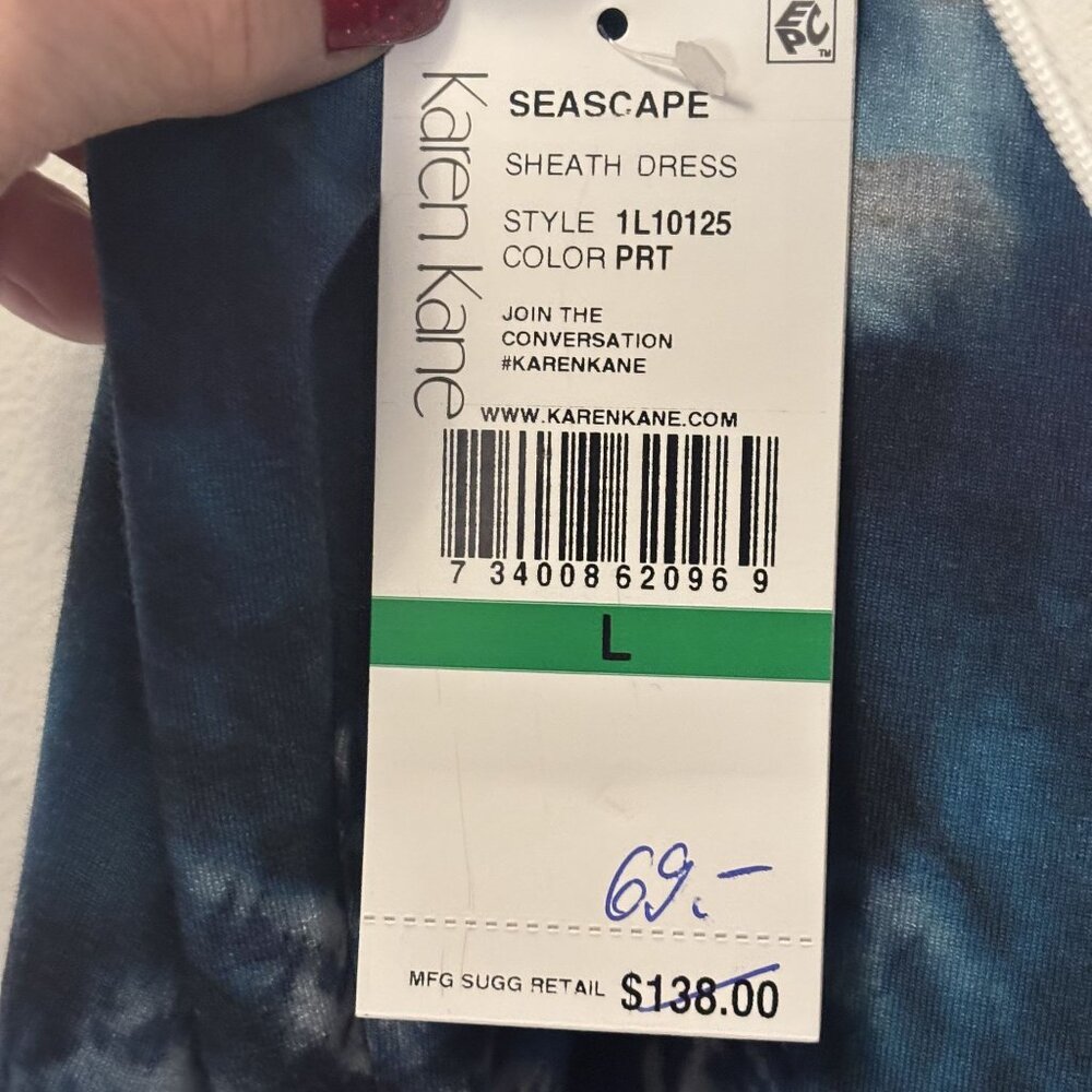 Karen Kane Tie-Dye Print V-Neck Sheath Dress With 3/4 Sleeves Fully Lined Size L - Picture 13 of 13